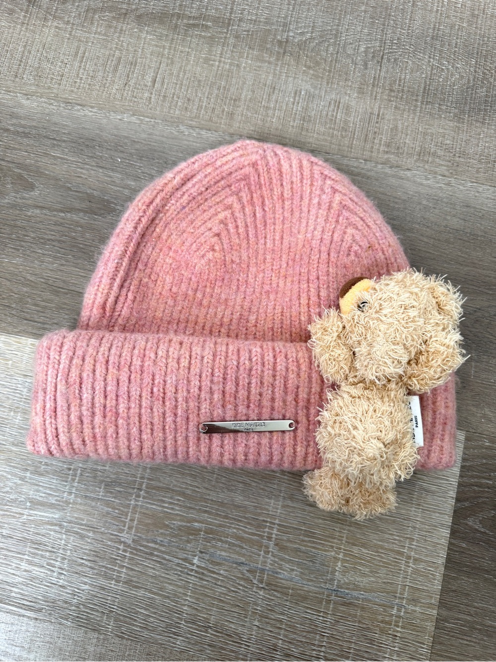 13DE MARZO Pink Ribbed Knit Beanie Teddy Bear Beanie Hat